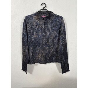 Adolfo Dominguez Shirt Womens XL Blue Tan Crinkle Mock Neck Button Up Lagenlook